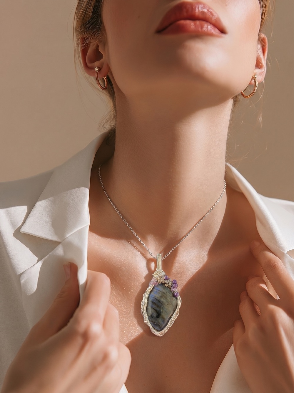 Handcrafted Labradorite Pendant with Amethyst Accents - Silver Wire Wrap - Picture 3 of 8